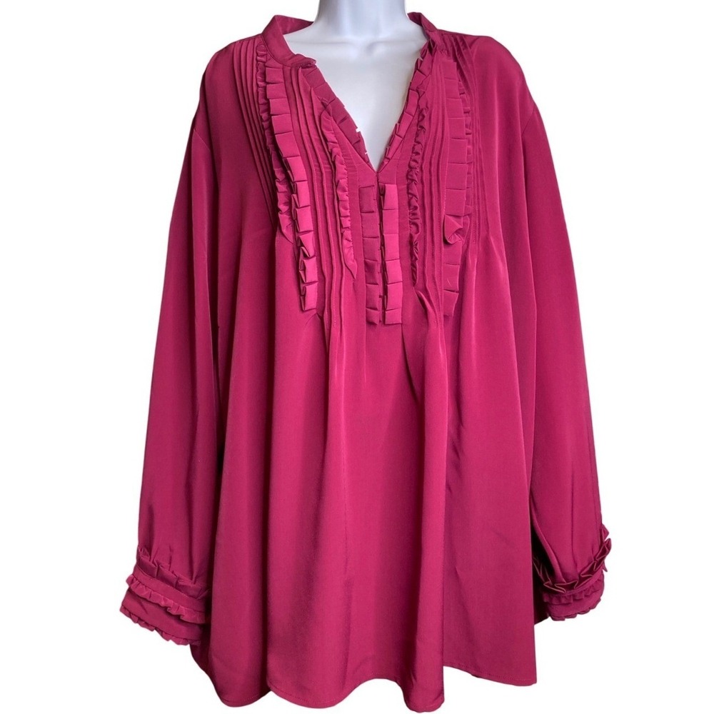 SILHOUETTES Womens  Fuchsia Ruffled Trim Long Sleeve Blouse Sz 3X Feminine Boho